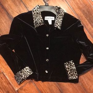 Ron I Nicole Vintage Black Velour with Leopard Fur Trim and Buttons Woman’s 10